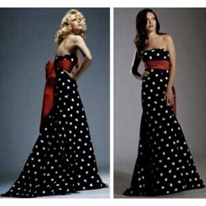 JOVANI 6 Prom Avant Garde Gown Black Red Polka Dots Formal Evening Dress Train